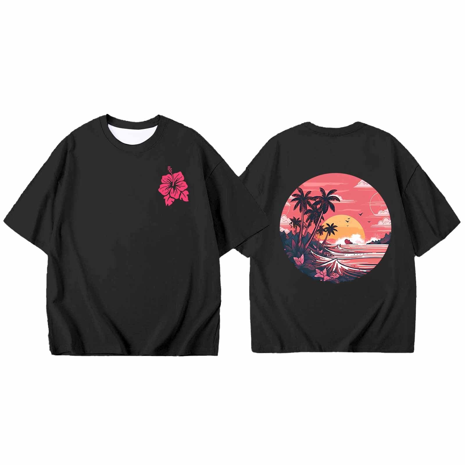 Childrens Preppy Tees Summer Sunset Beach Graphic Short Sleeve Shirts for Girls Oversized Casual O-Neck Blouse Tropical Y2k Pullover Tops Comfy Classic Daily Shirt