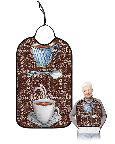 Coffee Theme Adult Bibs for Eating, Waterproof Bibs with Food Catcher & Adjustable Snap Closure, Coffee Cup Farm Vintage Brown Splicing Washable Clothing Protectors Adult Bibs for Elderly Women/Men
