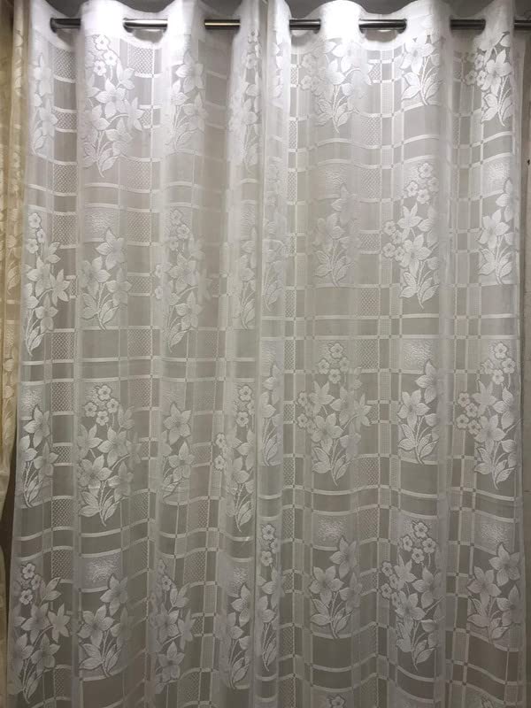 Image of Polyster semi Transparent Tissue net Floral Design Long Door Curtain (4X9Feet) for Living Room,Bedroom,Hall,Hotel Pack of 1 White