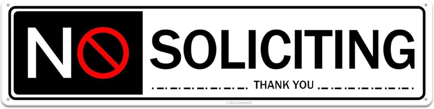 peiyeety No Soliciting Black White Metal Tin Sign, Durable Wall Decor, Easy Mount Accent for Home Office Front Door Window Business Man Cave Garage 4x16 Inch