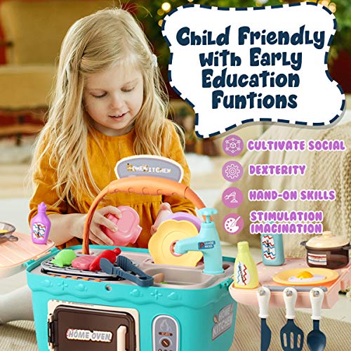 Cheffun Play Kitchen Set toys for Kids - Educational Pretend Play Camping Picnic BBQ Sink Toy Cooking Grill Basket with Musical Light Color Changing Food for Toddlers Age 3 4 5 6 7 Year Old Girls Boys