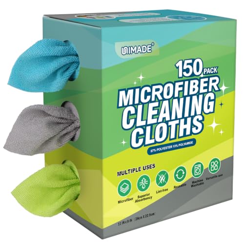UNIMADE Microfiber Cleaning Cloth 150 Pack Reusable Paper Towels Microfiber Towels for Cars Lint Free Shop Rags with Box for Home Kitchen Automotive 11x 9 Blue & Grey & Green
