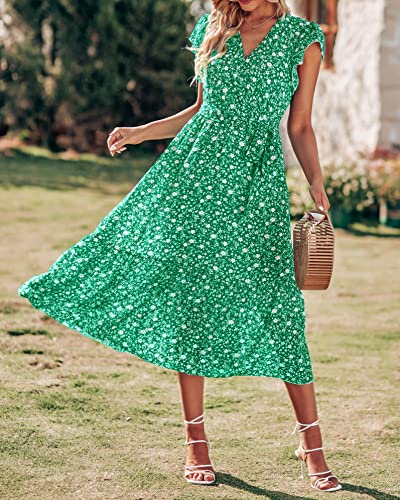 Btfbm Women Summer Bohemian Floral Casual Wrap V Neck Ruffle Cap Sleeveless Belt A-Line Pleated Hem Swing Midi Sun Dress (Floral White Green, Large) #TOP3