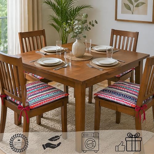 Image of Pack of 2 Washable Reversible Woven Pink Boho Seat Cushions with Micro Fiber Filler & Ties, Size 16 x 16 Inches 40 x 40 cm for Floor Sitting, Pooja, Dining Table Chair, Rastaurant