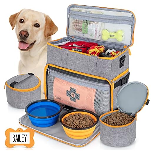 Dog Travel Bag Airline Approved Travel Set for Dog and Cat Tote Organizer with Multi Function Pockets , 2 Food Containers and Collapsible Bowls , Weekend Away Dog Bag for Travel Accessories - Gray