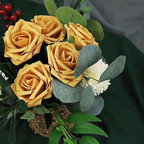 Macting Artificial Roses Flowers, 30Pcs Real Touch Fake Flowers Foam Roses For Diy Bouquets Wedding Party Baby Shower Home Decoration (Gold Yellow) #TOP1