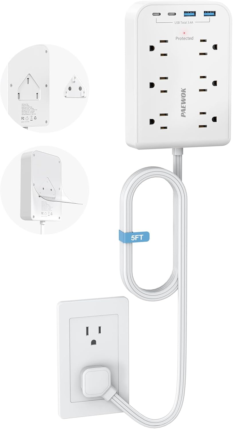 Surge Protector Power Strip, Flat Plug Extension Cord with Multiple Outlets, 6 AC, 4 USB (2 USB C), 5FT Outlet Extender Stick, Home Office Dorm Room Essentials, White