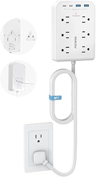 Surge Protector Power Strip, Flat Plug Extension Cord with Multiple Outlets, 6 AC, 4 USB 2 USB C, 5FT Outlet Extender, Home Office Dorm Room Essentials, White