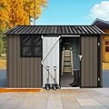 HHOK 8FT x 6FT Large Outdoor Storage Shed, Metal Tool Shed & Outdoor Storage Lockable Metal Garden Shed with Window, Single Lockable Doors & Air Vents for Backyard Outdoor Patio - Brown Storage Shed