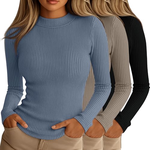 Riyiper 3 Pack Women's Ribbed Shirts, Mock Turtleneck Long Sleeve Tops Slim Fitted Undershirts Casual Basic Layering Tees(Black, Brown, Haze Blue,Large)