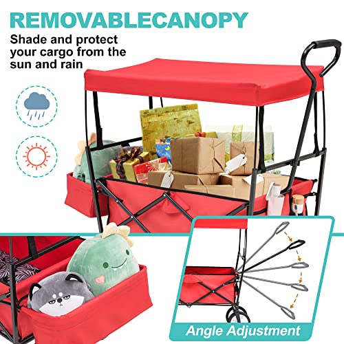 Binlingo Heavy Duty Collapsible Garden Wagon Cart, Folding Outdoor Utility Wagon With Wheels, 170 Lbs Outdoor Beach Utility Wagon Cart With Tailgates W/Removable Canopy/Adjustable Handles, Red #TOP1