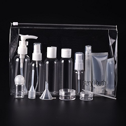 Fiery Youth 15 Pieces Travel Bottles with 9 Plastic Bottles+2 Clear Cosmetic Containers+3 Accessories+PVC Zip Pouch, Leak Proof & Convenient to Carry on Luggage & Approved by Airline for Traveling