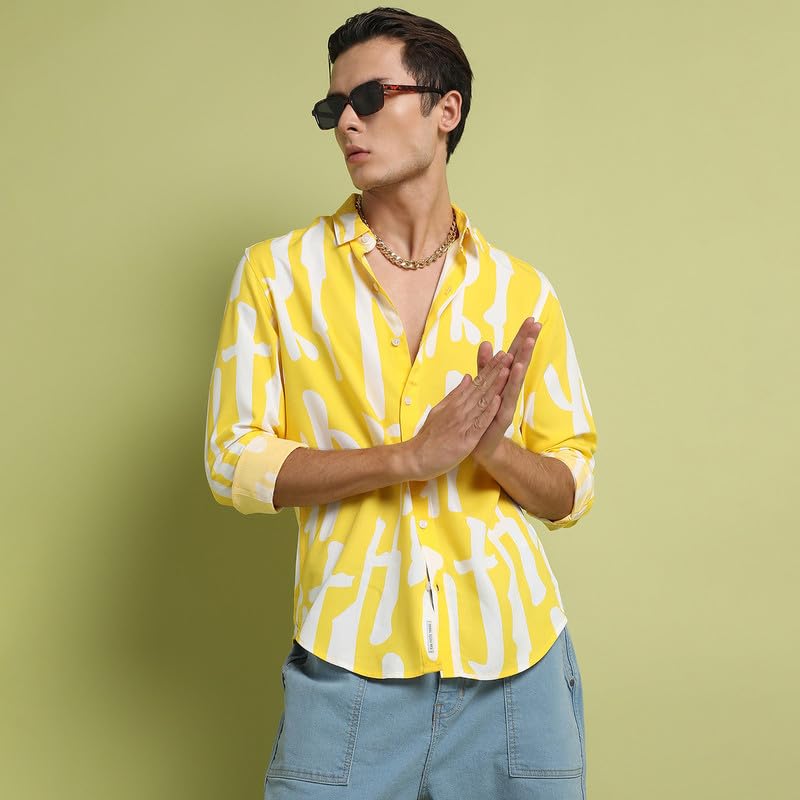 Image of CAHOOT Men's Lemon Yellow Abstract Print Shirt for Everyday Wear | Spread Collar | Button Closure | Long Sleeve | Heavy Rayon Shirt Crafted with Comfort Fit for Everyday Wear