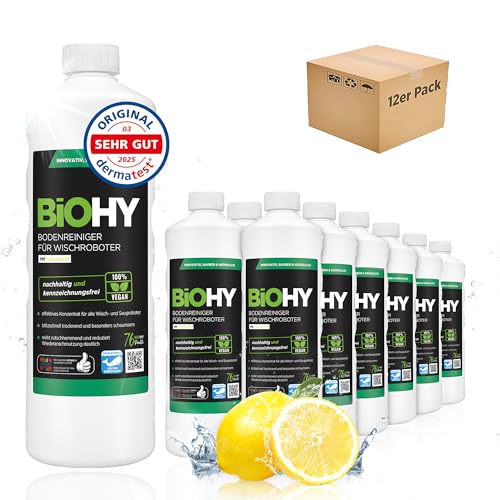 BiOHY Bodenreiniger für Wischroboter (12 x 1 Liter) | Reinigungsmittel Konzentrat für alle Wisch & Saugroboter mit Nass-Funktion | Schaumarm & Streifenfrei | Für alle Böden