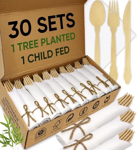 EcoPreps Luxury Pre-Rolled Napkin and Bamboo Cutlery Set (30 Pack, 120 PCS) 100% Biodegradable, Eco-Friendly, Disposable Wrapped Cutlery - Includes Pre-Wrapped Bamboo Forks, Knives, Spoons, & Napkins EcoPreps Luxury Pre-Rolled Napkin and Bamboo Cutlery Set (30 Pack, 120 PCS) 100% Biodegradable, Eco-Friendly, Disposable Wrapped Cutlery - Includes Pre-Wrapped Bamboo Forks, Knives, Spoons, & Napkins