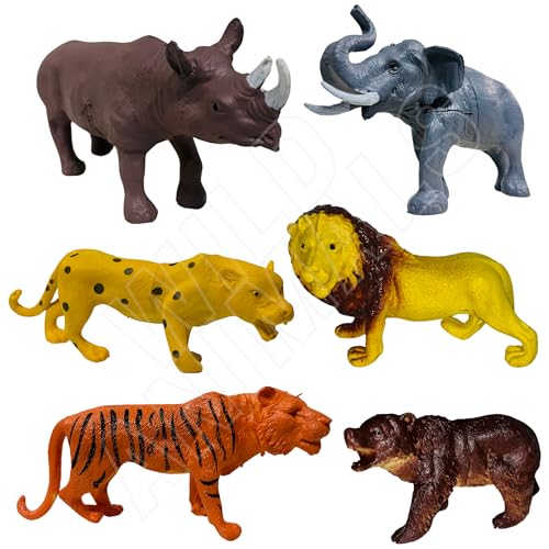Image of ZESTHOME Big Wild Animal Toys Set for Kids | PVC Safari Figures - Lion, Tiger, Elephant, Leopard, Rhino & Hippo | 5-Inch Educational Jungle & Safari Playset | 6-Piece