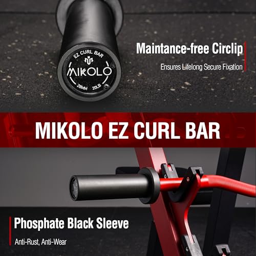 Mikolo EZ Curl Bar, 2 Inch Olympic Curl Bar for Biceps and Triceps, 47” Curling Bar with Knurled Grip, 700LB Barbell Bar with Multi-Angle Wrist-Friendly Design, Red