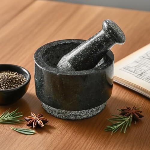 LENND Mortar and Pestle Large Set - Black Granite Stone Spice Grinder 2.1 Cup Capacity 13.6cm - Reversible - Guacamole Spices - Large Mortar and Pestles Set
