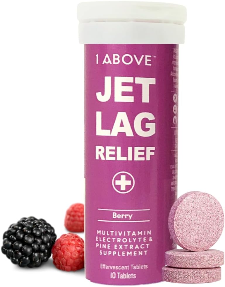 1Above Jet Lag Relief Tablets - Berry-Flavored Effervescent Multivitamin with Pycnogenol Travel Supplement for Hydration, Energy, Immune Support and Faster Recovery - Flight Essential, 10 Tablets