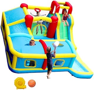 Inflatable Water Slide Park with Blower, Bouncy Castle with Slides Rock Climbing Area Wading Ball Pool Tunnel Trampoline Whack a Mole Game