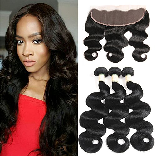 3 Bundles with Frontal Body Wave 14 16 18 with 12 Frontal 10A Brazilian Body Wave with Frontal 13x4 Can Make Lace Front Wig Natural Color