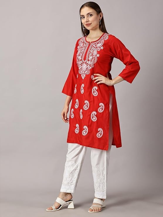 Image of FCH, Fashionable Chikan Handikraft Women's Cotton Lucknowi Chikankari Printed Straight Kurta for Regular Wear Girls Flared Kurta