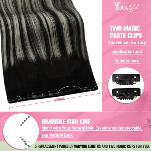 Image of YoungSee 125G Wire Hair Extensions Black Ombre, Natural Black Roots to Silver Balayage, Human Hair Fish Line Extensions, Secret Wire Hair Extensions for Natural Look, 16 Inch 1 Piece Straight Hair