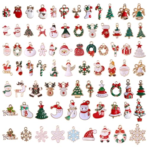 KEOGONG 80Pcs Christmas Charms for Jewelry Making Gold Enamel Jewelry Pendants for Xmas DIY Necklace Bracelet Earring Making Accessories