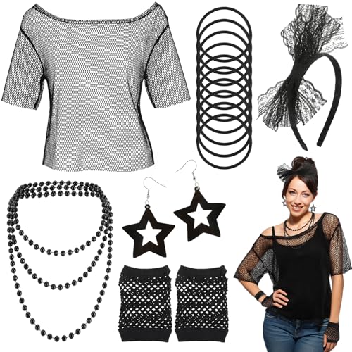 ZhouBoat 80s Fishnet Top Costume Accessory Set for Women Black Mesh Off Shoulder Shirt with Gloves Headband Jewelry 1980s Retro Halloween Party Outfit