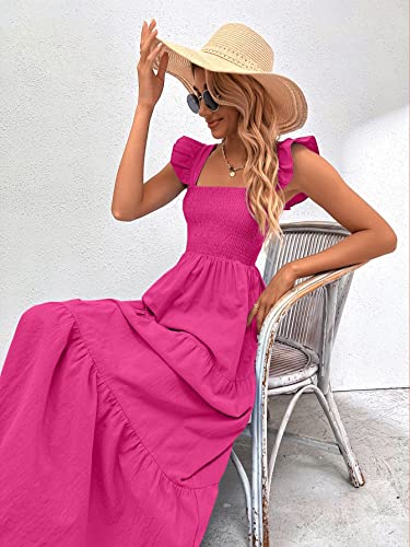 MakeMeChic Women's Summer Floral Dresses 2025 Beach Vacation Casual Blue and White Long Maxi Sundresses Solid Hot Pink L - Image 4