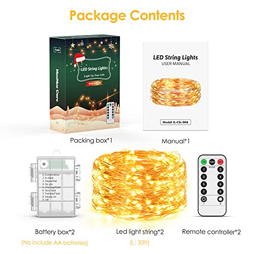 2 stuks led-lichtsnoeren voor buiten, kerstdecoratie, 10 m, 8 modi, met batterij en timer, warmwit, waterdicht, kerstverlichting voor kerstboom, raam, tuin, party, bruiloft - Image 8