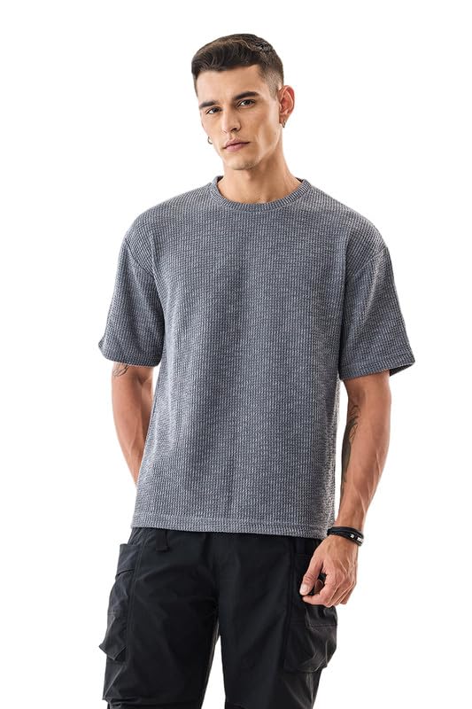 Image of SNITCH Men's T-Shirt | Textured Oversized Crew Neck Design | Premium Polyester Blend Fabric with Waffle Weave | Breathable & Lightweight Casual Wear
