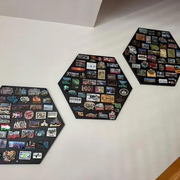 Hexagon Magnetic Display Board, Modern Metal Wall Art for Photos&Notes Rustic Fridge Magnet Holder Travel Memory Showcase Collect Decorations