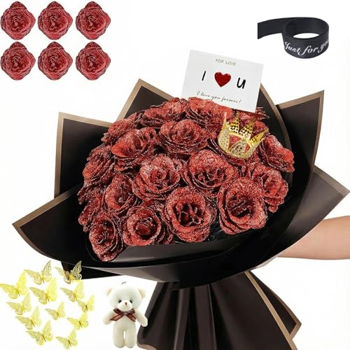Husenic Glitter Roses Bouquet DIY Fake Glitter Flowers Bouquet Everlasting Shiny Artificial Red Rose Bouquet Anniversary Engagement Wedding Red 12 Roses
