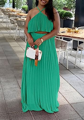 Women's Summer Off Shoulder Halter Neck Crop Top Pleated Maxi Dress Boho Two Piece Flowy Skirts Sets Party Clubwear Green #TOP1