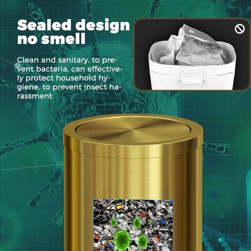 Image of 18L /4.7GAL Gold Bathroom Trash Can with Lid,Brass Garbage Can with Flipping Lid,Brushed Stainless Steel for Bedroom,Living Room,Office,Guest Room (4.7gal-Gold)