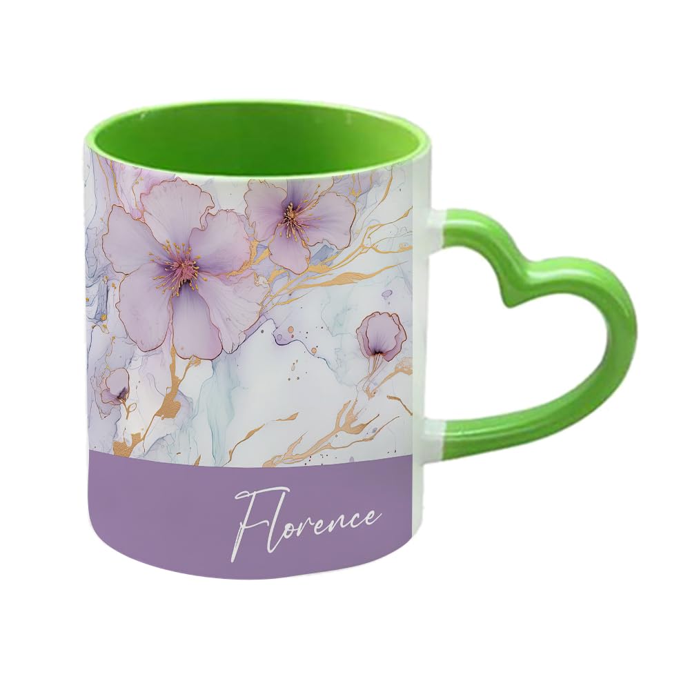 Getagift Personalised Mug, Purple Floral Pattern with Name, Heart Handle Coffee, Tea Mug. (Green)