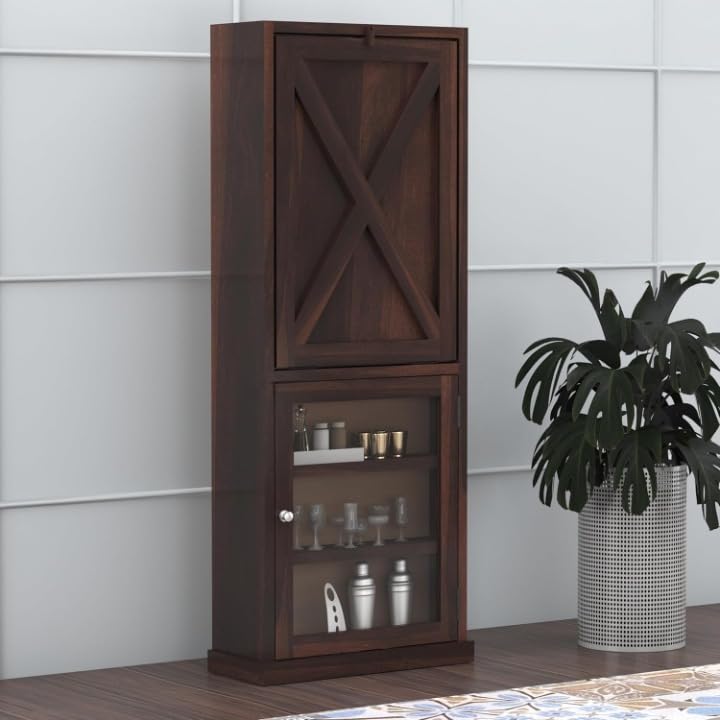 Image of Sheesham Wood Bar Cabinet with Foldable Counter Table | Wooden Wine Rack with Glass Storage | Space Saving Home and Office Bar Furniture - Walnut Finish