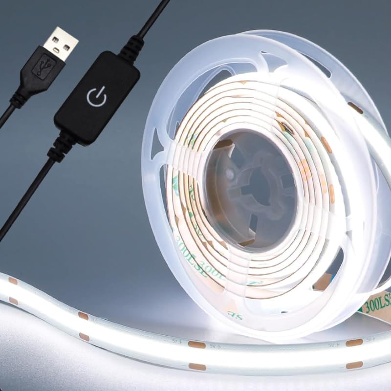 DC 5V USB LED COB Strip with Inline Touch Dimming Switch White Warm White LED Strip Light TV Background Lighting Tape Home Decor Lamp LED String Light (White, 5 Meter)