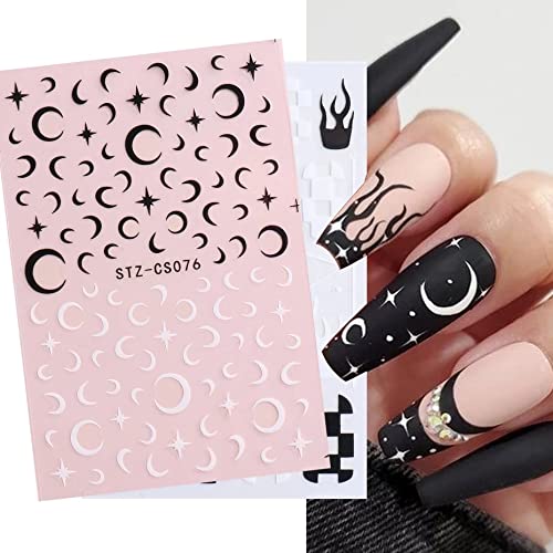Moon Star Nail Art Stickers Decals Black White Nail Stickers Flame Checkerboard French Tips 3D Nail Art Designs Heart Smiling Adhesive Decals Sliders for Acrylic Nails Gel Polish Decor Accessories
