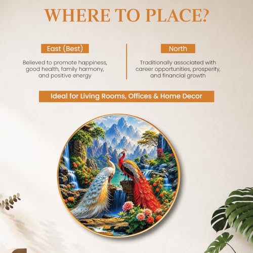 Image of PAINTINGMANTRA Pair of Peacocks Vastu Framed Wall Art Painting For Living Room, Waterfalls & Mountains Poster with frame for Wall, Decoration item for bedroom & Home, 23 Inch