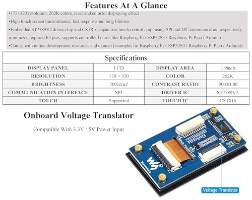 Image of 1.9inch Touch LCD Display Module, Micro LCD Display, 172x320 Resolution, IPS, SPI and I2C Communication, 262K Display Color, Compatible with Raspberry Pi, ESP32S3, Pico, etc.