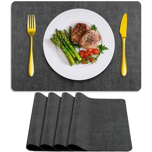 Placemats Set of 4 Washable, Heat Resistant Table Placemats Wipeable Faux Leather Place Mats Non Slip, Waterproof Square Table Mats for Indoor Outdoor, Charcoal Gray