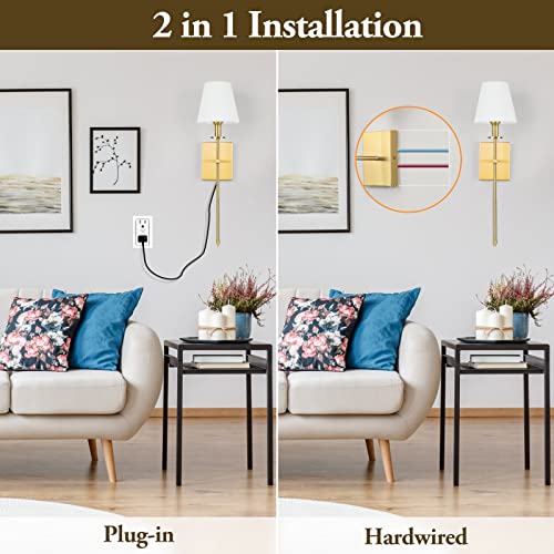 Set Of 2 Gold Slim Wall Sconces With White Lampshade, Plug In Or Hardwired Indoor Wall Light, Rustic Wall Mount Lantern Fixture Bedroom Brass Metal Stand Wall Lamp For Living Room Vanity Bathroom #TOP3
