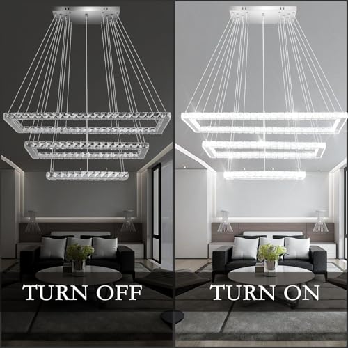 Finktonglan 31.4 inch Modern Crystal Chandelier, 3 Rectangular LED Rings Chandeliers Pendant Ceiling Light for Dining Room Kitchen Island Stair Well (6000K Cool White) by Finktonglan - Image 2