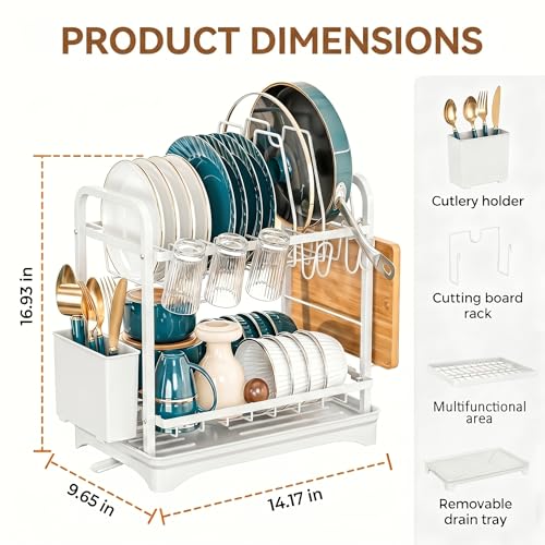 Image of COMFYHOME Dish Drying Rack, 2-Tier Wrought Iron Space-Saving Kitchen Dish Drainer with Cup Holder, Drainboard & Utensil Holders, Rustproof Counter Organizer for Pots, Plates, Cups, Utensils, Bartan