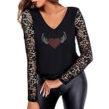 Trendige Oberteile Damen Modisches T Shirt mit fünfzackigem Stern Motiv und heißem Bohren Pullover mit Paillettennähten Sexy schulterfreie Sling Shirts Durchsichtige Tunika Bluse mit Langen Ärmeln