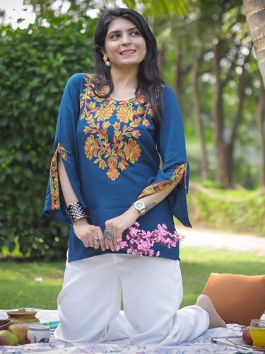 Image of Youthnic Women's Light Green Rayon Yoke Embroidery Straight Short Kurti | Office Wear Kurti | College Wear Kurti | Tunic Top