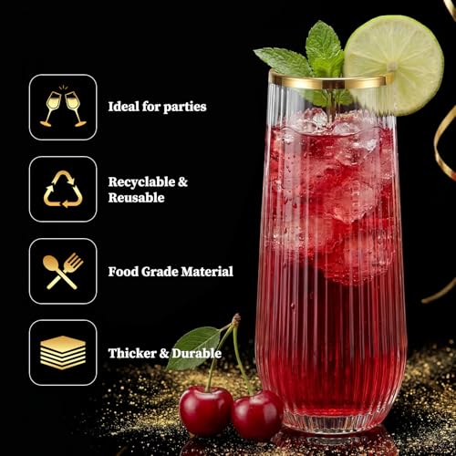 Image of GuanQiao 24 Pack 9oz Stemless Plastic Champagne Flutes with Gold Rim