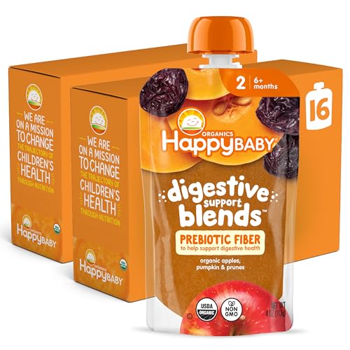 Happy Baby Digestive Support Blends Organic Stage 2 Baby Food with Prebiotic Fiber Apple Pumpkin & Prune 4 Ounce Pouch (Pack of 16)